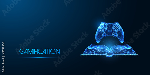 Gamification, immersive learning, education futuristic concept with open book and game controller