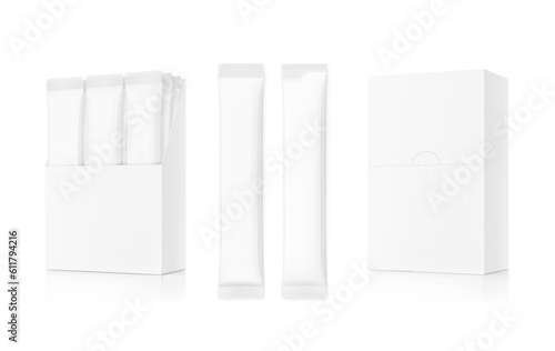 Blank cardboard box with stick bag mockup. Half side view. Vector illustration isolated on white background. Can be use for food, medicine, cosmetic and etc. EPS10.	