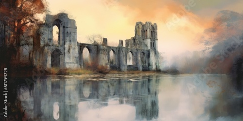 The abbey ruins emerge from the mist, surrounded by a serene lake. Generative AI Digital Illustration Part#110623