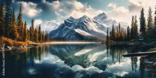  A tranquil lake is embraced by majestic mountains Generative AI Digital Illustration Part#110623