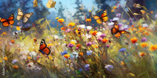 In a sunlit meadow, butterflies of various colors and sizes flutter gracefully among the wildflowers Generative AI Digital Illustration Part#110623