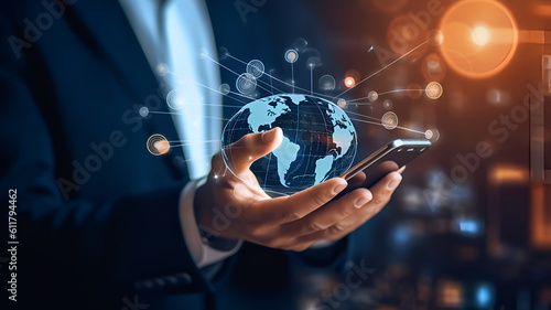 Businessman using mobile smart phone. Global internet connection business technology and digital marketing, finance and banking, digital link technology, big data.