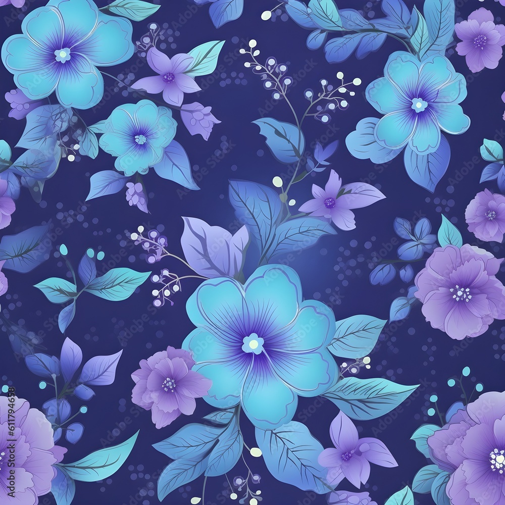 Obraz premium seamless blue and purple floral pattern on dark background