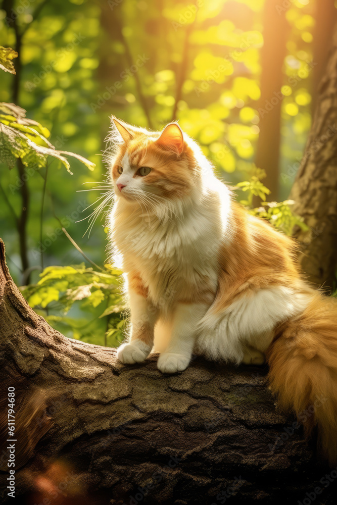 A cat basking in the sunshine in a beautiful forest