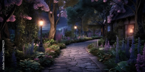 Twilight Garden - Enter a garden as the day transitions into night. Generative AI Digital Illustration Part#110623
