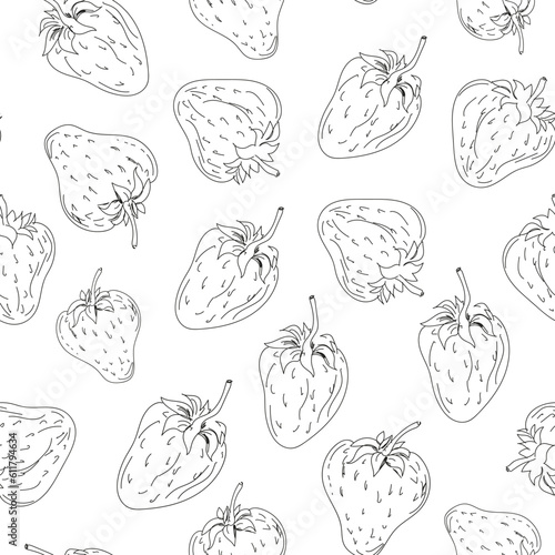 Seamless pattern with contour strawberries. Berries in hand drawn sketch style. Cute doodles in vector on a white background. Diet organic products. Monochrome background for design wrapping paper
