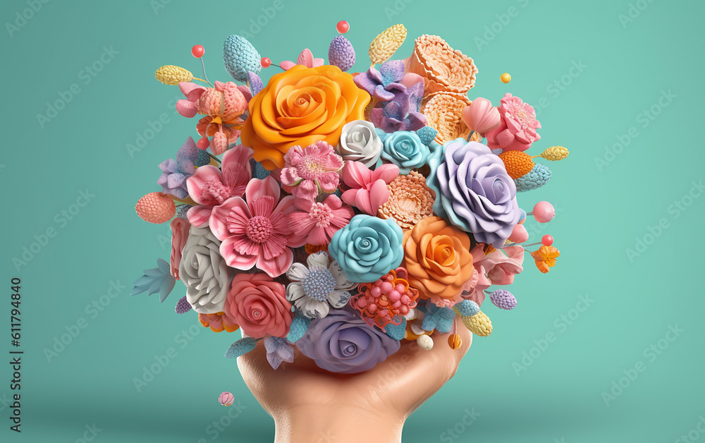 An assortment of colorful artificial flowers held in a hand.   Generative AI