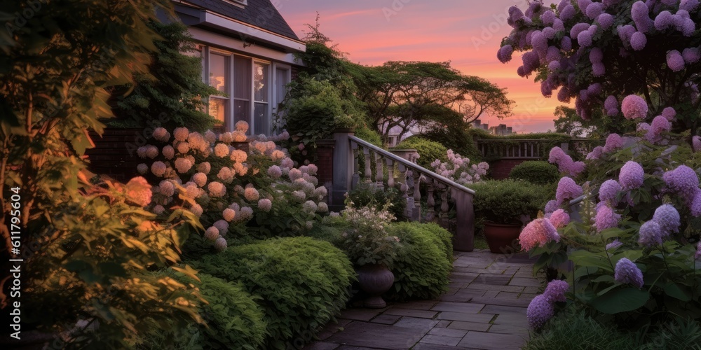 Twilight Reverie - A panoramic shot of a dooryard garden adorned with lilacs at dusk, Generative AI Digital Illustration Part#110623