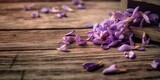 Remnants of Sorrow - A still life composition featuring withered lilac petals scattered on a weathered wooden surface  Generative AI Digital Illustration Part#110623