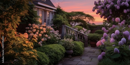 Twilight Reverie - A panoramic shot of a dooryard garden adorned with lilacs at dusk  Generative AI Digital Illustration Part 110623