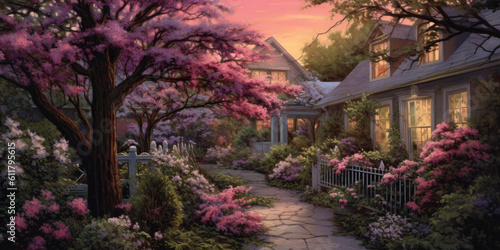 Twilight's Symphony - A panoramic shot of a dooryard garden at sunset, with lilacs in bloom and birds silhouetted in flight,   Generative AI Digital Illustration Part#110623