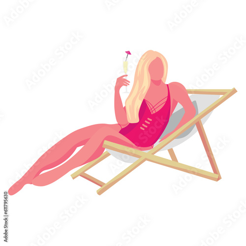 Beautiful woman with cocktail relaxing on deck chair against white background 