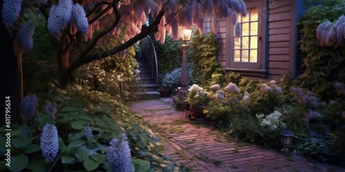 Dusk's Embrace - A twilight shot of a dooryard garden adorned with lilacs  Generative AI Digital Illustration Part#110623 photo