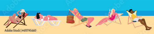 People relaxing on deck chairs near sea