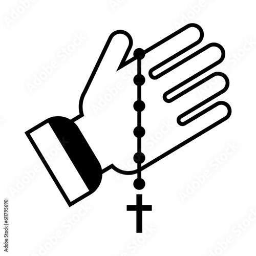 Hand with rosary beads on white background