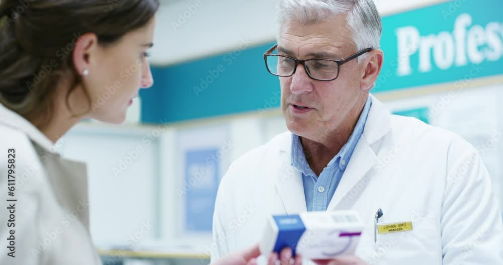 Man, pharmacist and help customer with medicine, pills or medication in pharmacy. Pharmaceutical, senior and woman with doctor shopping for drugs, medical product or advice in healthcare retail store Man, pharmacist and help customer with medicine, pills or medication in pharmacy. Pharmaceutical, senior and woman with doctor shopping for drugs, medical product or advice in healthcare retail store