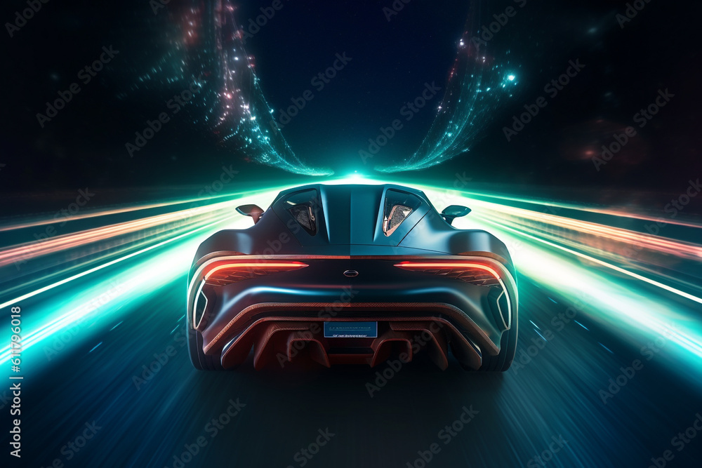 futuristic sports car rides at high speed on neon highway, illustrates the speed of a supercar made with Generative AI