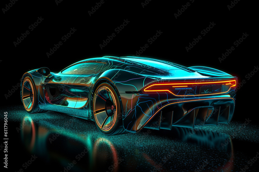Fototapeta premium futuristic sports car rides at high speed on neon highway, illustrates the speed of a supercar made with Generative AI