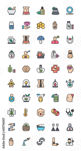 Alternative Medicine Line Color Icons Medical Healthcare Iconset in Filled Outline Style 50 Vector Icons