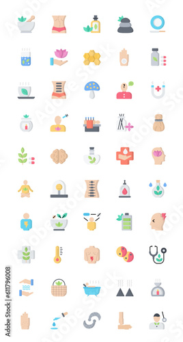 Alternative Medicine Flat Icons Medical Healthcare Iconset in Color Style 50 Vector Icons