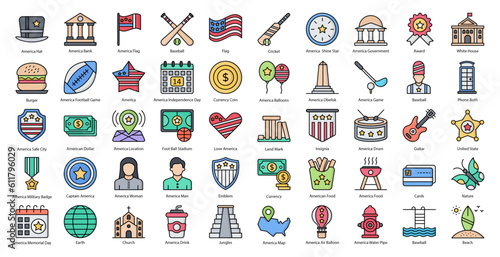 America Line Color Icons American Flag Dollar Icon Set in Filled Outline Style 50 Vector Icons