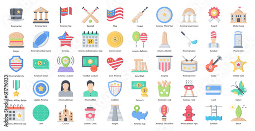America Flat Icons American Flag Dollar Icon Set in Color Style 50 Vector Icons