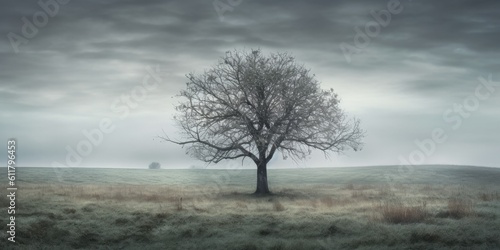 Amidst a desolate field, a solitary tree stands tall, its branches reaching towards the grey sky Generative AI Digital Illustration Part#110623