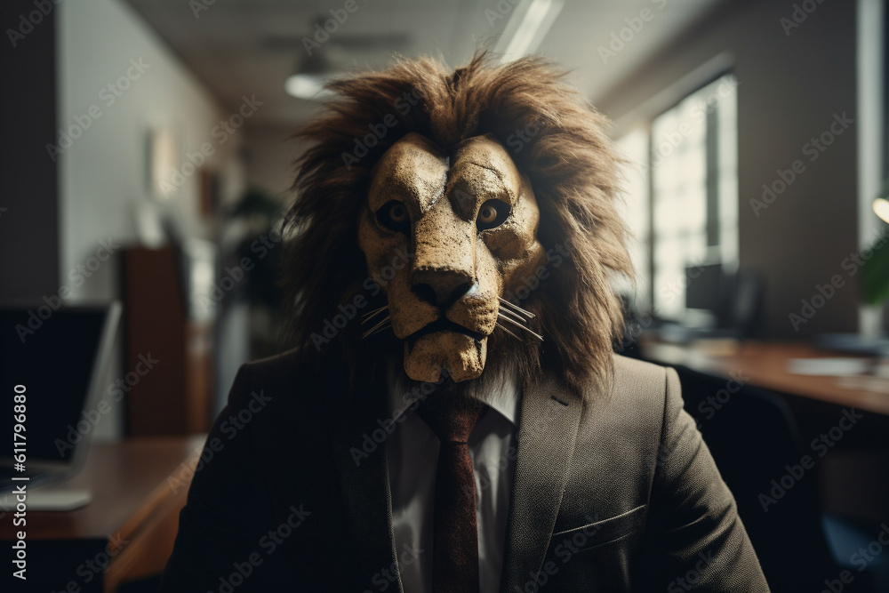 A business person wearing a lion head mask in an office environment, looking directly at the camera with a determined expression.