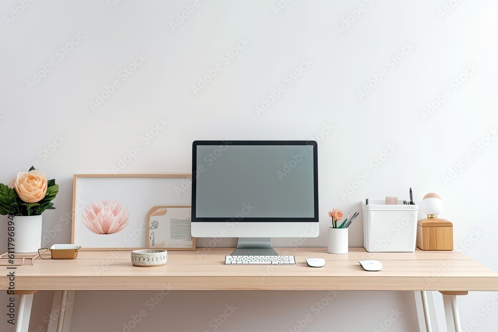 Computer on office desk workspace table with blank, white, isolated screen, copy space, and text-only area. Generative AI Computer on office desk workspace table with blank, white, isolated screen, copy space, and text-only area. Generative AI