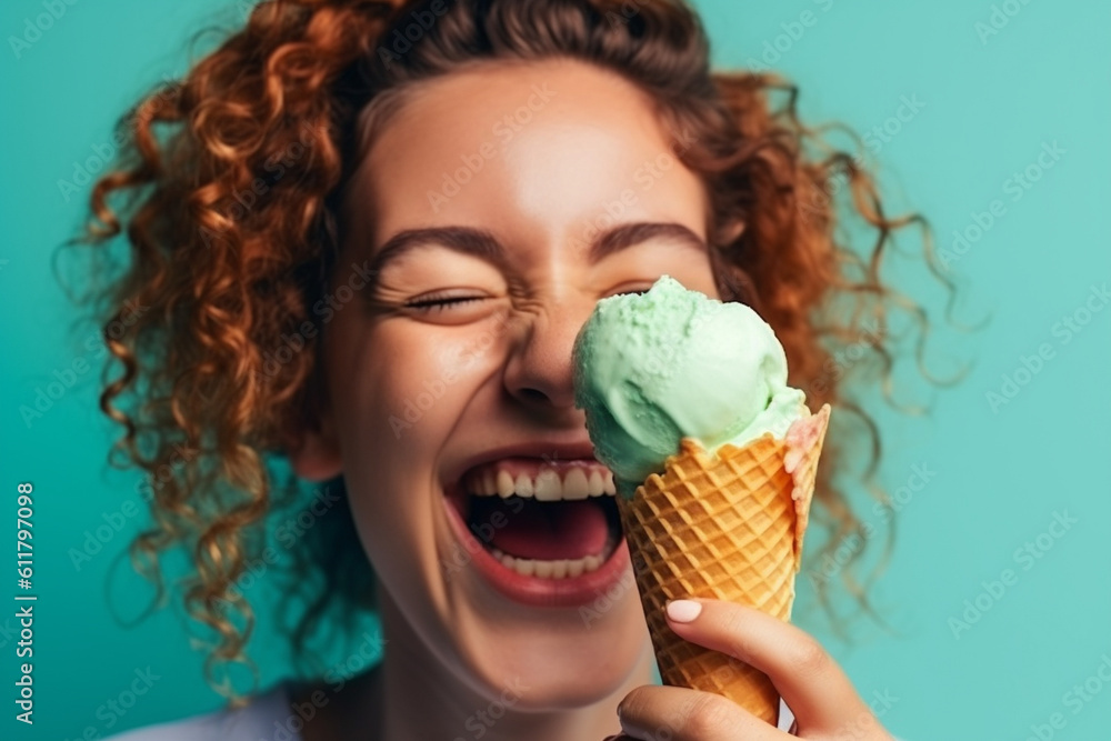 A woman wearing a big smile as she enjoys a waffle cone filled with colorful ice cream on a mint blue background, closeup. Copy space. Point. A woman wearing a big smile as she enjoys a waffle cone filled with colorful ice cream on a mint blue background, closeup. Copy space. Point.