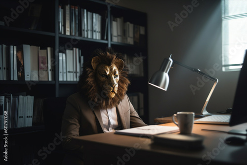 A successful entrepreneur sits behind their desk, their lion head mask a symbol of their strength and determination to succeed. They are ready to take on whatever challenge the day may bring.