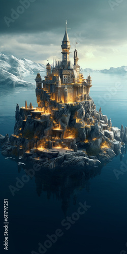 Elegant twilight castle on sea and rocks mock-up 