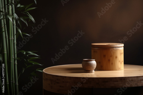 Minimalistic wooden product display table against an oriental bamboo background, with nothing on it. Close up.