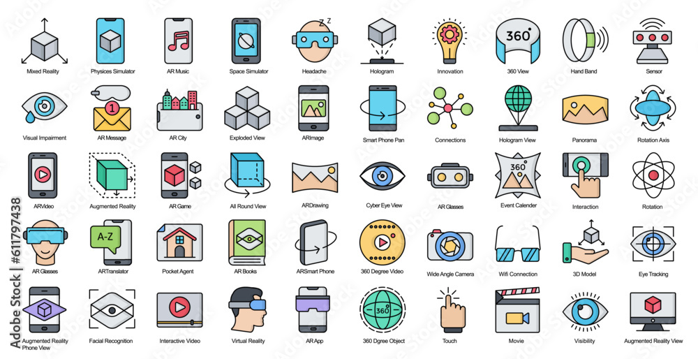 Augmented Reality Line Color Icons AR VR Technology Icon Set in Filled Outline Style 50 Vector Icons