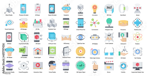 Augmented Reality Flat Icons AR VR Technology Icon Set in Color Style 50 Vector Icons