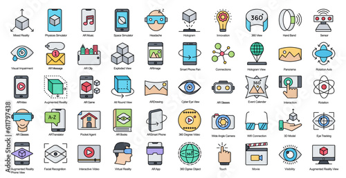 Augmented Reality Line Color Icons AR VR Technology Icon Set in Filled Outline Style 50 Vector Icons