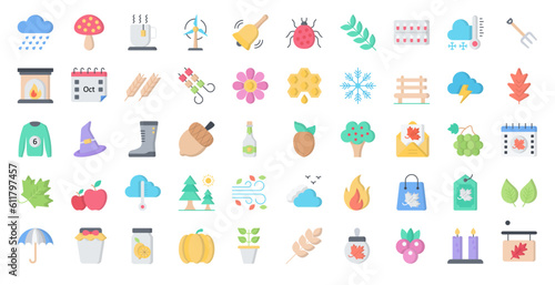 Autumn Flat Icons Weather Mushroom Iconset in Color Style 50 Vector Icons