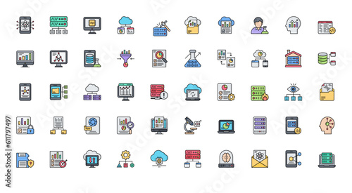 Data Science Line Color Icons Research Network Icon Set in Filled Outline Style 50 Vector Icons