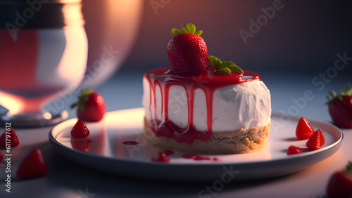 Red velvet cheesecake with fresh strawberries. Generative Ai (ID: 611797612)