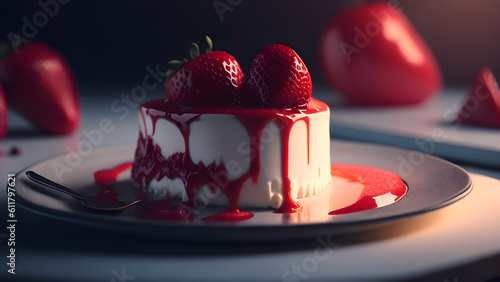 Red velvet cheesecake with fresh strawberries. Generative Ai (ID: 611797621)