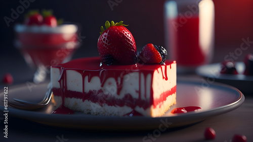 Red velvet cheesecake with fresh strawberries. Generative Ai (ID: 611797622)
