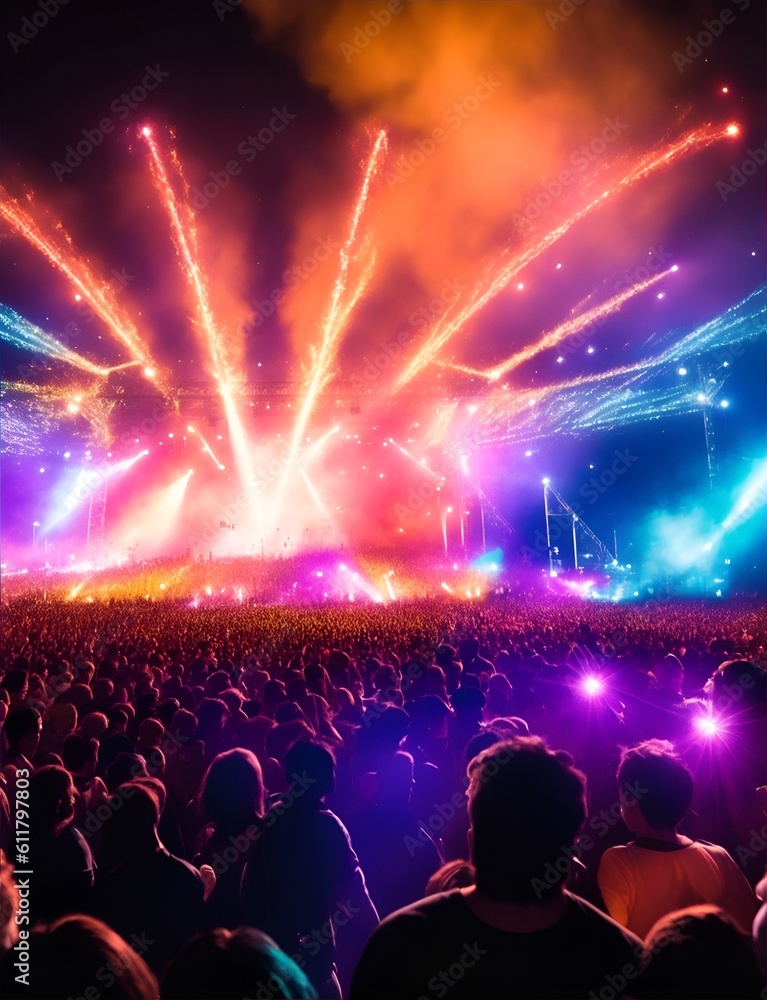 Electric Night: A Crowd Immersed in the Dynamic Energy of a Concert, Illuminated by a Symphony of Stage Lights and Pyrotechnics.