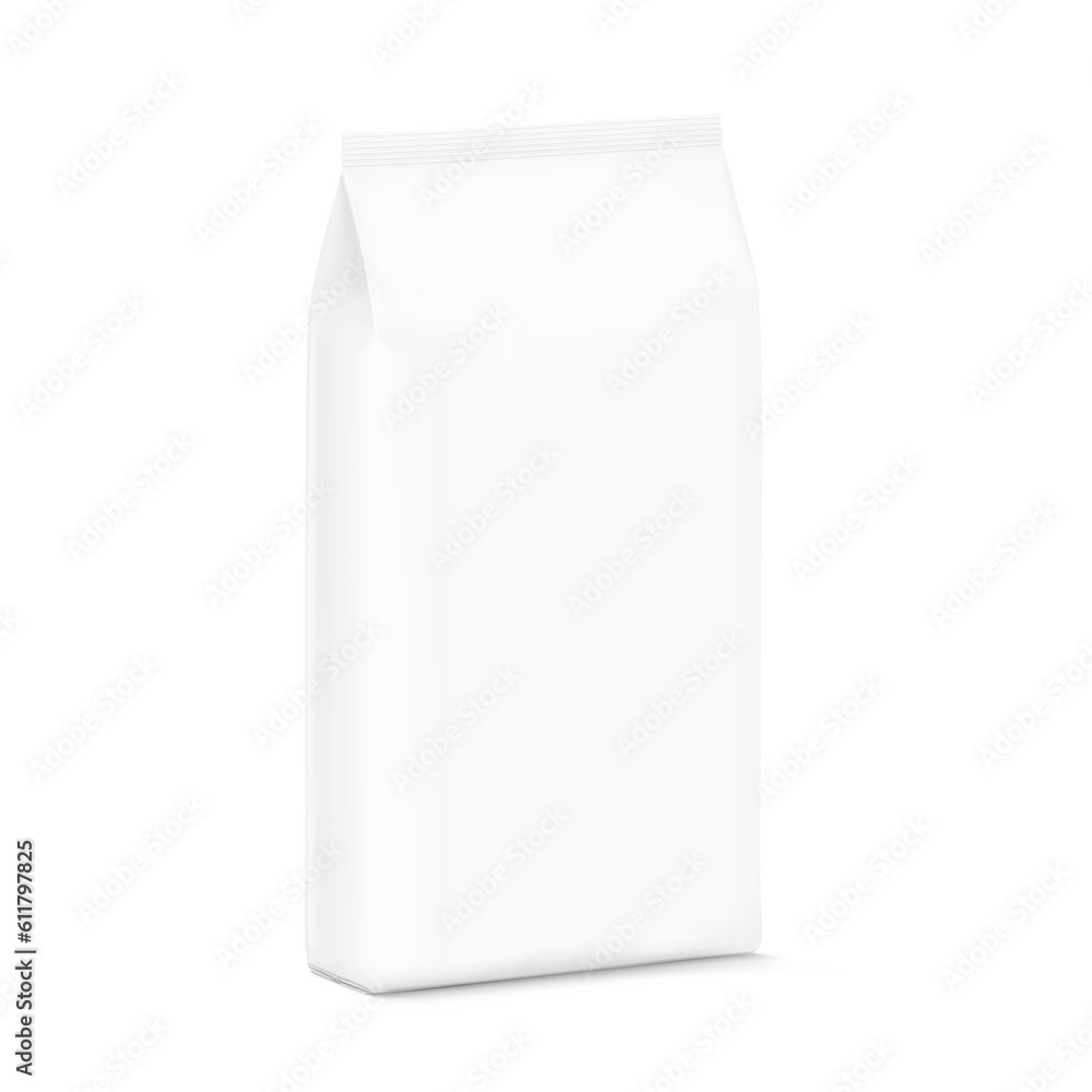 Vertical package bag mockup. Half side view. Vector illustration isolated on white background. Easy to use for presentation your product, idea, promo, design. EPS10 Vertical package bag mockup. Half side view. Vector illustration isolated on white background. Easy to use for presentation your product, idea, promo, design. EPS10