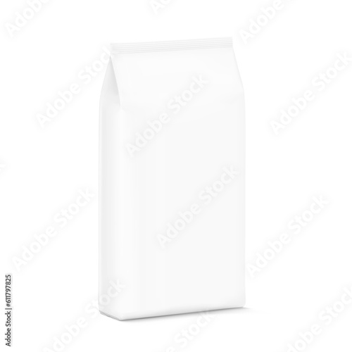 Vertical package bag mockup. Half side view. Vector illustration isolated on white background. Easy to use for presentation your product, idea, promo, design. EPS10	