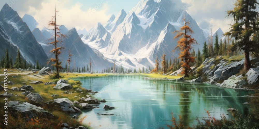 panoramic view of a serene lake surrounded by towering mountains  Generative AI Digital Illustration Part#110623