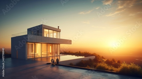 Real estate business banner background with house model in hands and golden hour Generative AI