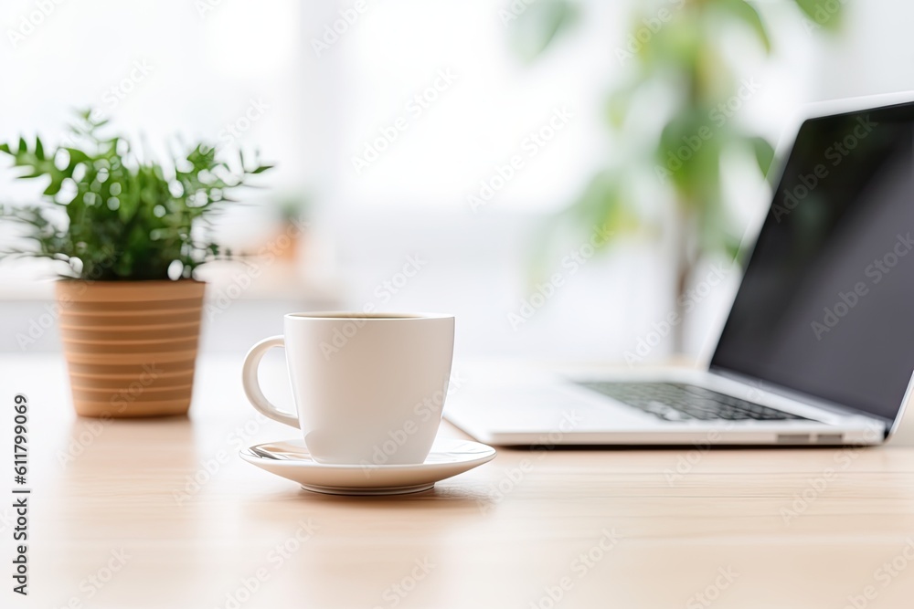 workspace in an office with a computer, laptop, supplies, coffee cup, and tablet. Desk work as an idea in the morning Generative AI workspace in an office with a computer, laptop, supplies, coffee cup, and tablet. Desk work as an idea in the morning Generative AI