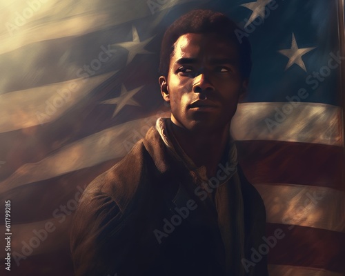 A image of painting of  african american man looking to the future with American flag in the background