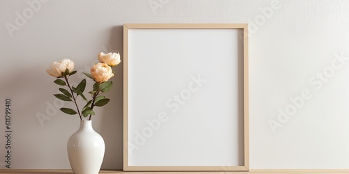 Mockup of a blank frame poster with a flower in a container. Generative AI
