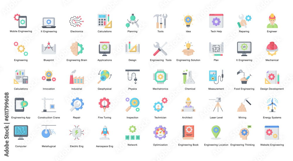 Engineering Flat Icons Engineer Mechatronics Icon Set in Color Style 50 Vector Icons Engineering Flat Icons Engineer Mechatronics Icon Set in Color Style 50 Vector Icons